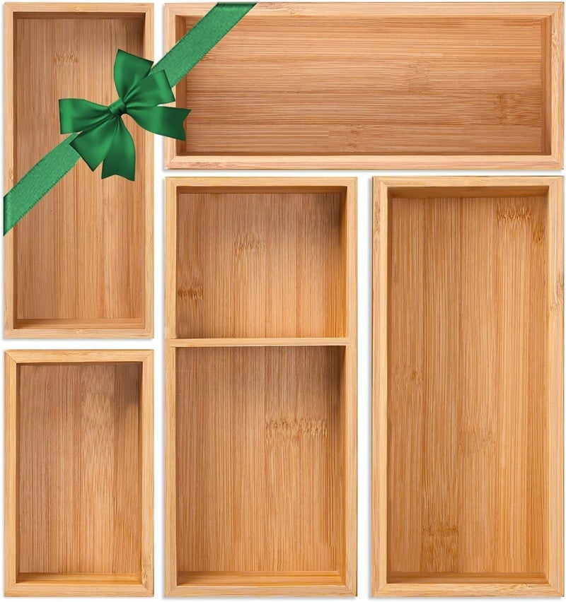 Buwheekoki Bamboo Drawer Organizer 5 Pcs for Kitchen Multi-purpose Storage Dividers for Kitchen, Office, Jewelry, Cosmetics, Wooden Drawer Dividers for Drawer Organizer Desk Organizer Gift for Women Gifts Idea - Image 1